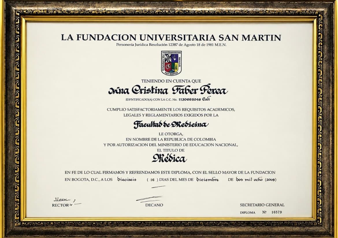 Certificado de formación internacional en medicina estética — Dra. Ana Cristina Faber, especialista en Cali Colombia